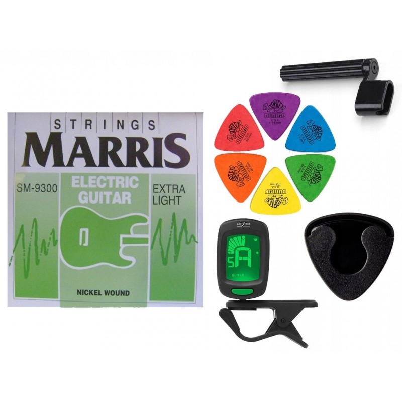 Struny Marris SM-9300 do gitary elektrycznej w zestawie korbka + tuner + 6 kostek + pojemnik