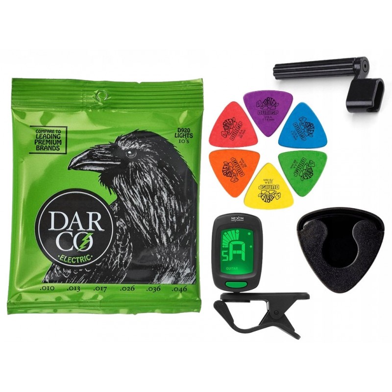 Struny Martin D920 do gitary elektrycznej w zestawie korbka + tuner + 6 kostek + pojemnik