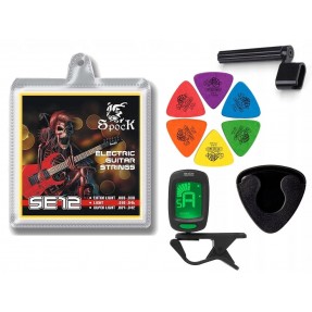Struny Spock SE12 do gitary elektrycznej w zestawie korbka + tuner + 6 kostek + pojemnik