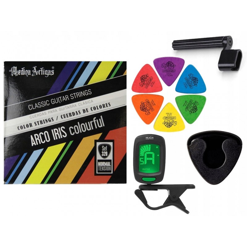 Struny Akmuz Arco Iris do gitary klasycznej w zestawie korbka + tuner + 6 kostek + pojemnik