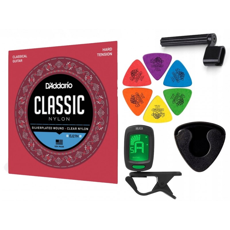 Struny D'Addario EJ27H do gitary klasycznej w zestawie korbka + tuner + 6 kostek + pojemnik