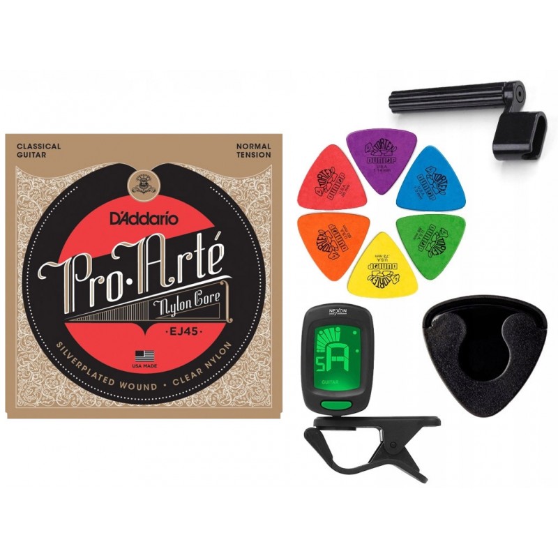 Struny D'Addario EJ45 do gitary klasycznej w zestawie korbka + tuner + 6 kostek + pojemnik