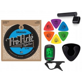 Struny D'Addario EJ46 do gitary klasycznej w zestawie korbka + tuner + 6 kostek + pojemnik