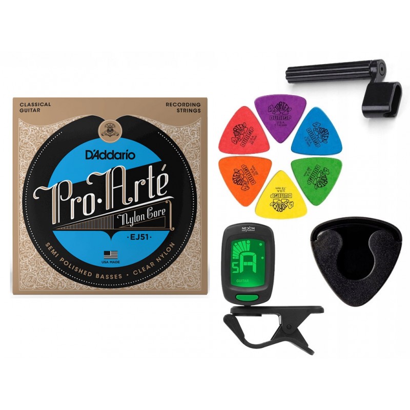 Struny D'Addario EJ51 do gitary klasycznej w zestawie korbka + tuner + 6 kostek + pojemnik