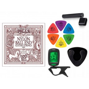 Struny Ernie Ball 2409 do gitary klasycznej w zestawie korbka + tuner + 6 kostek + pojemnik