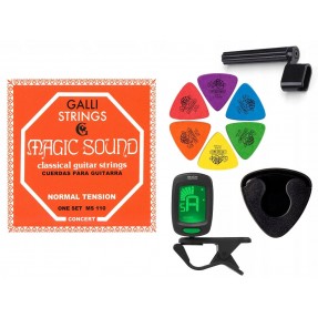 Struny Galli Strings MS110 do gitary klasycznej w zestawie korbka + tuner + 6 kostek + pojemnik
