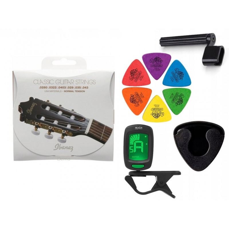 Struny Ibanez ICLS6NT do gitary klasycznej w zestawie korbka + tuner + 6 kostek + pojemnik