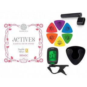 Struny Knobloch 300ADC do gitary klasycznej w zestawie korbka + tuner + 6 kostek + pojemnik