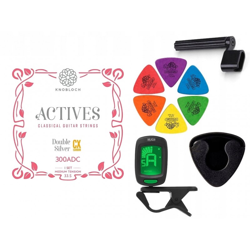 Struny Knobloch 300ADC do gitary klasycznej w zestawie korbka + tuner + 6 kostek + pojemnik