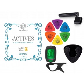 Struny Knobloch 500ADC do gitary klasycznej w zestawie korbka + tuner + 6 kostek + pojemnik