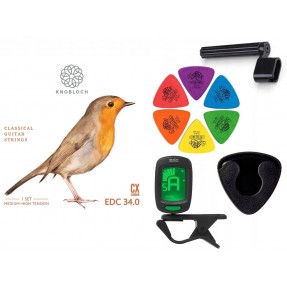 Struny Knobloch EDC34.0 do gitary klasycznej w zestawie korbka + tuner + 6 kostek + pojemnik