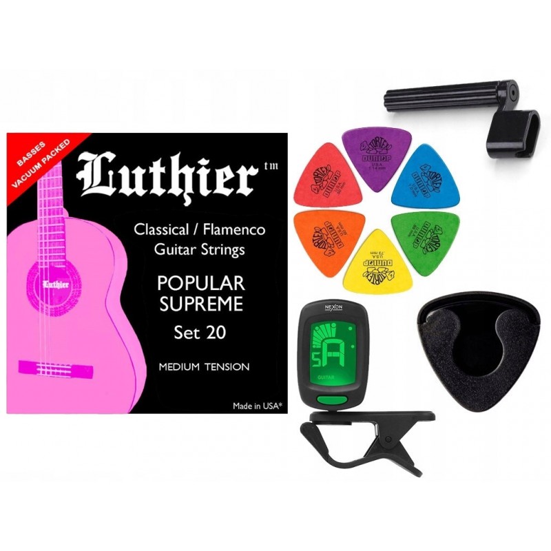 Struny Luthier LU20 do gitary klasycznej w zestawie korbka + tuner + 6 kostek + pojemnik