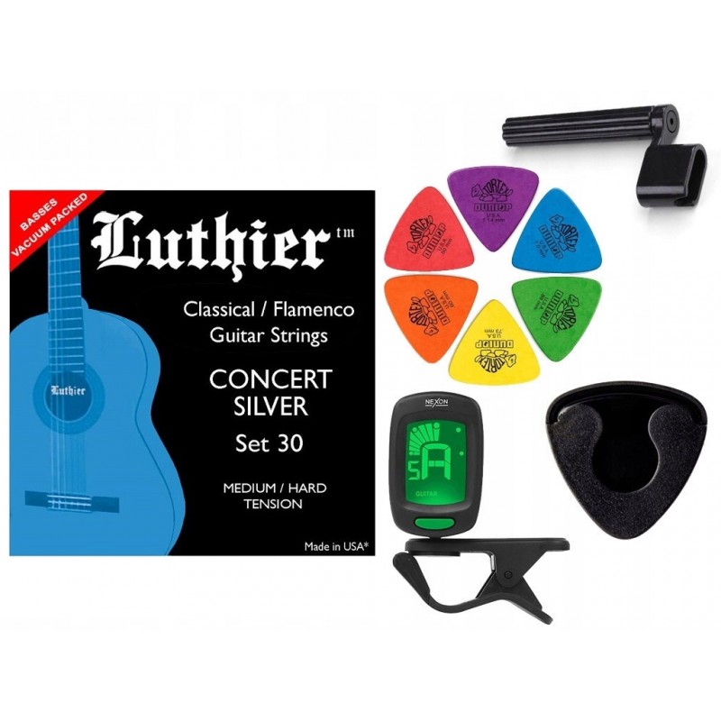 Struny Luthier LU30 do gitary klasycznej w zestawie korbka + tuner + 6 kostek + pojemnik