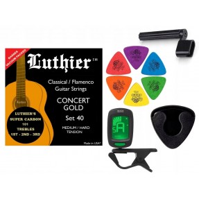 Struny Luthier LU40 do gitary klasycznej w zestawie korbka + tuner + 6 kostek + pojemnik