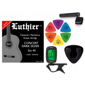 Struny Luthier LU45 do gitary klasycznej w zestawie korbka + tuner + 6 kostek + pojemnik