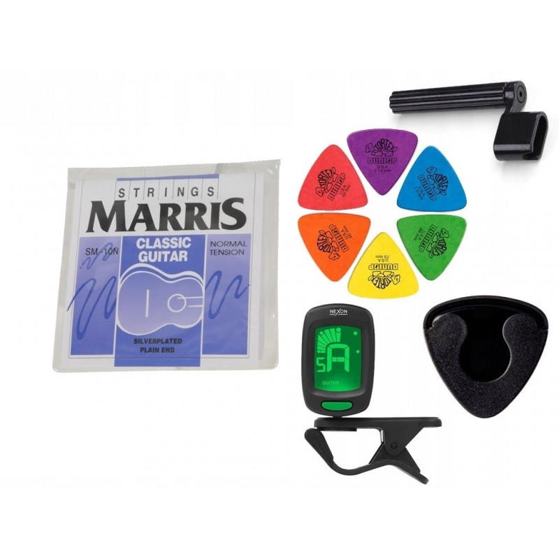 Struny Marris SM-10N do gitary klasycznej w zestawie korbka + tuner + 6 kostek + pojemnik