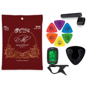 Struny Martin M165 do gitary klasycznej w zestawie korbka + tuner + 6 kostek + pojemnik