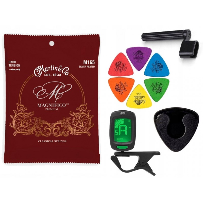 Struny Martin M165 do gitary klasycznej w zestawie korbka + tuner + 6 kostek + pojemnik