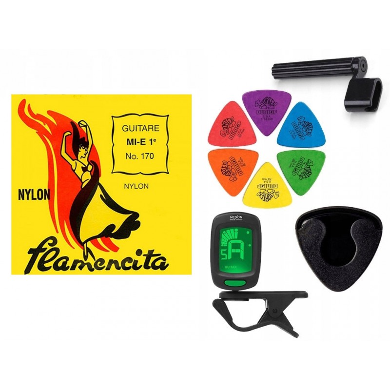 Struny Savarez SA 170 do gitary klasycznej w zestawie korbka + tuner + 6 kostek + pojemnik