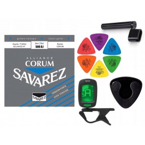 Struny Savarez SA 500 AJ do gitary klasycznej w zestawie korbka + tuner + 6 kostek + pojemnik