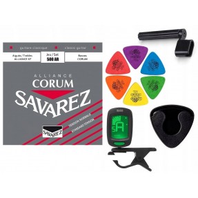 Struny Savarez SA 500 AR do gitary klasycznej w zestawie korbka + tuner + 6 kostek + pojemnik