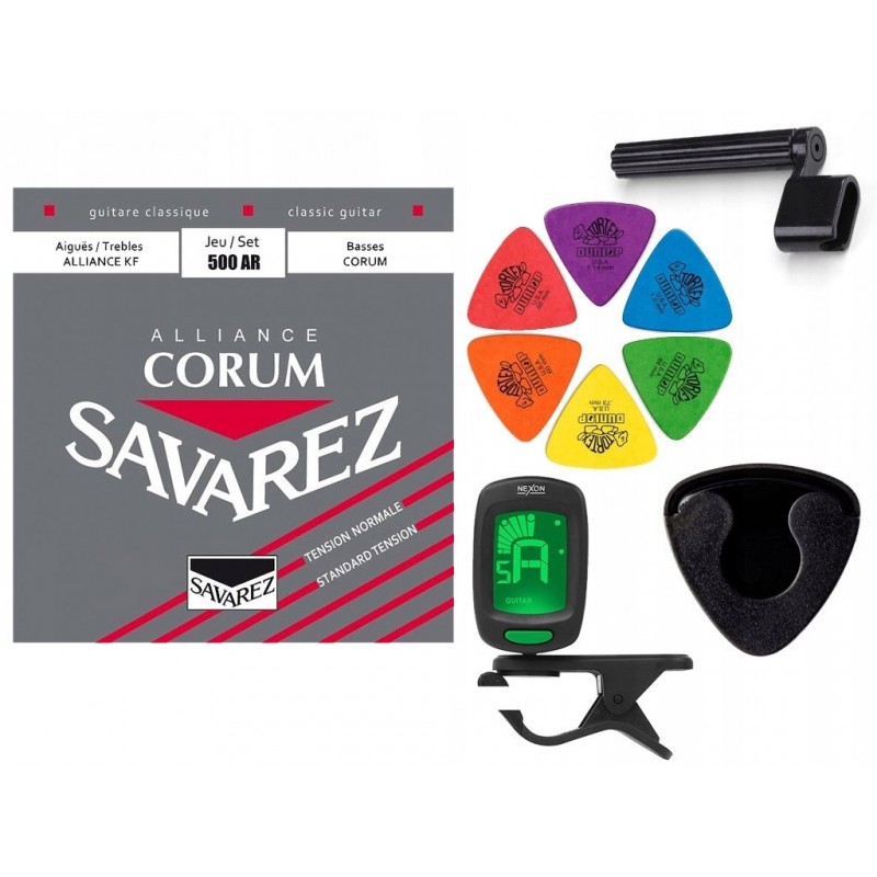 Struny Savarez SA 500 AR do gitary klasycznej w zestawie korbka + tuner + 6 kostek + pojemnik