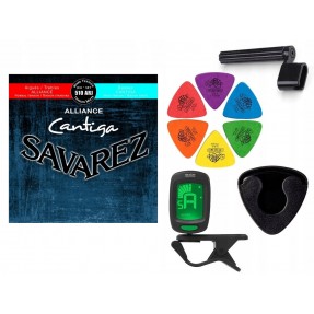Struny Savarez SA 510 ARJ do gitary klasycznej w zestawie korbka + tuner + 6 kostek + pojemnik