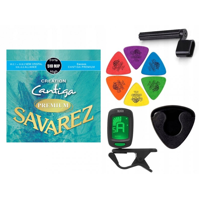 Struny Savarez SA 510 MJP do gitary klasycznej w zestawie korbka + tuner + 6 kostek + pojemnik