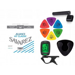 Struny Savarez SA 540 J do gitary klasycznej w zestawie korbka + tuner + 6 kostek + pojemnik