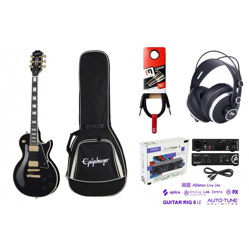Gitara elektryczna Epiphone Les Paul Custom EB w zestawie z pokrowcem słuchawkami interfejsem i kablem - 1 - Zestawy gitarowe - 