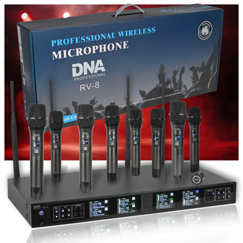 DNA RV-8 zestaw bezprzewodowy 8x mikrofon doręczny - 1 - Zestawy bezprzewodowe doręczne - DNA RV-8 zestaw bezprzewodowy 8x bater