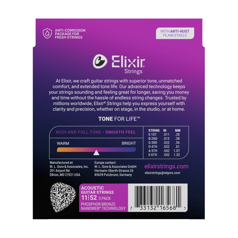 Elixir 16568 Acou Phos NW CusLt – struny do gitary akustycznej 3-Pack - 3 - Struny gitarowe - 