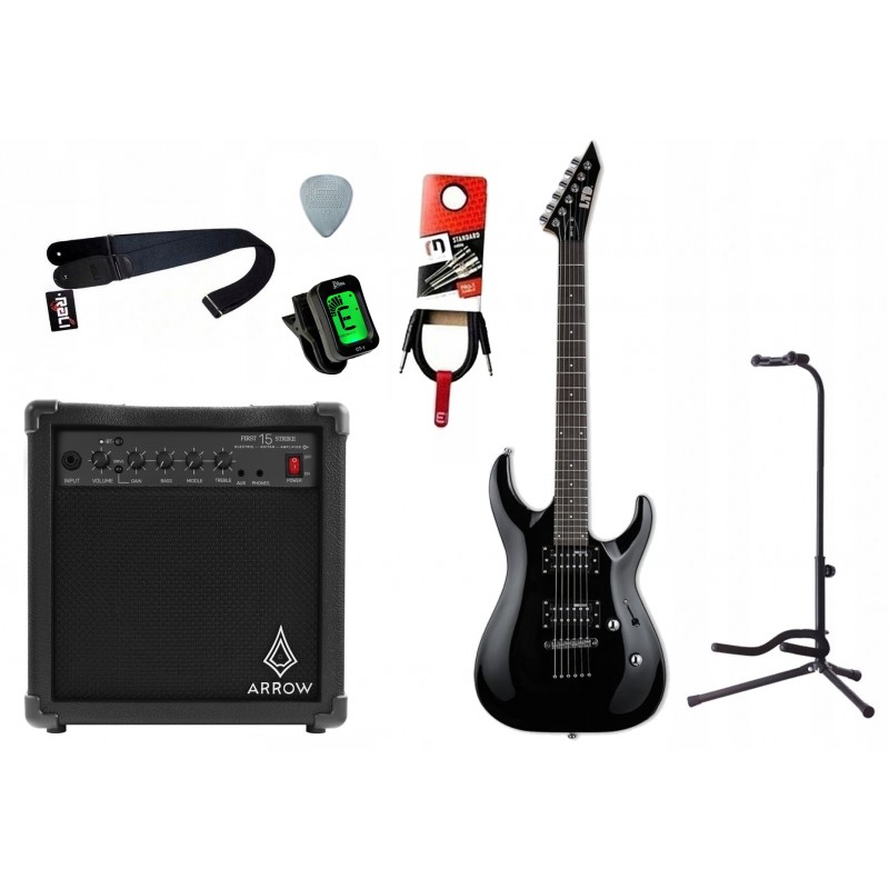 Gitara elektryczna LTD MH-10 KIT BLK Black + wzmacniacz 15W + kabel  w zestawie